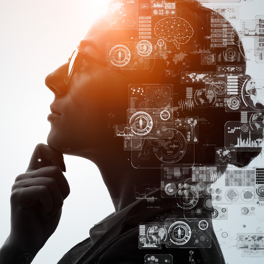 Abstract design of a woman deep in thought, symbolizing how better questions and AI can guide career change featured in Kellie Swart’s blog.